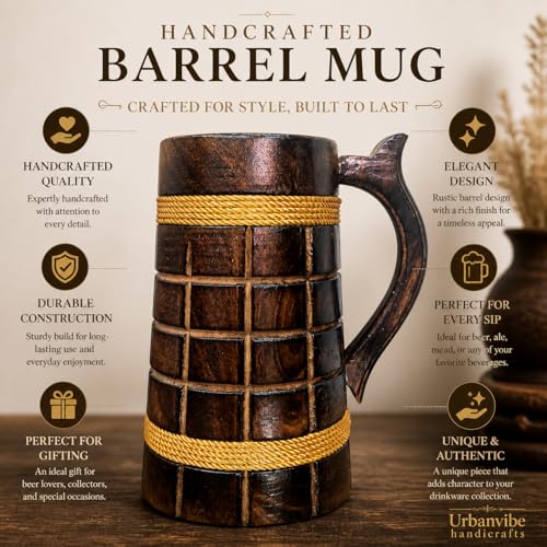 Image of Handmade Wooden Beer Mug, Wood with Sheesham Finish, Barrel Style, Lightweight & Durable, for Craft Beer, Home Bar, Cafe, Party, Gift(350ml) (Barfi)