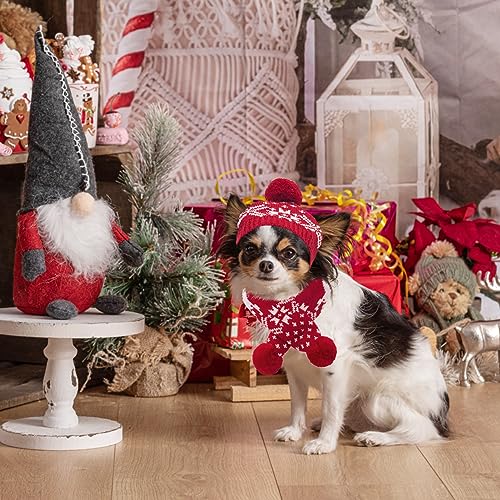 Image of Mihachi Dog Costumes Hat Scarf Set Knit Snowflake Reindeer Print 2 Pcs Winter Warm Clothes for Small Dogs Cats Red White