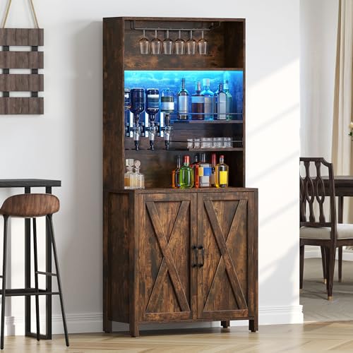DWVO Farmhouse Bar Cabinet w/LED Lights, 71" Liquor Cabinet for Glasses, Tall Wine Bar Cabinet w/ 4-Bottle Liquor Dispenser & Wine Rack, Kitchen Storage Cabinet for Living Room, Rustic Brown