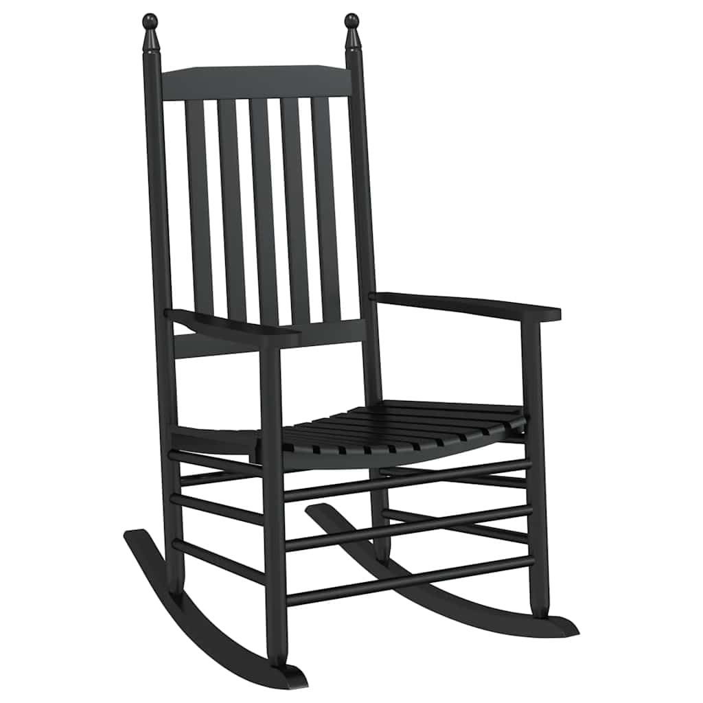 Chaise à Bascule en Bois de Peuplier Massif Noir, Fauteuil Rocking Chair Ergonomique avec Siège Incurvé et Dossier à Lattes pour Salon, Jardin ou Terrasse, Dimensions 62 x 83 x 115 cm