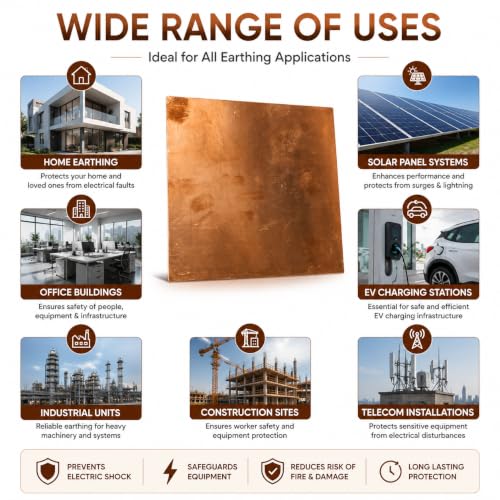 Image of Pure Copper Earthing Plate 6x6 Inch | Premium Copper Earth Sheet for Home Earthing 1kW Systems | EV Charger Grounding Plate, Electrical Earthing Copper Sheet | Corrosion Resistant Ground Plate