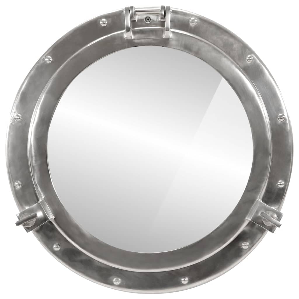Lustro ścienne z aluminium i szkła Wołu Ø50 cm, dekoracja morska z polerowaną aluminiową ramą, płaskie i jasne lustro do biura, domu lub restauracji, element