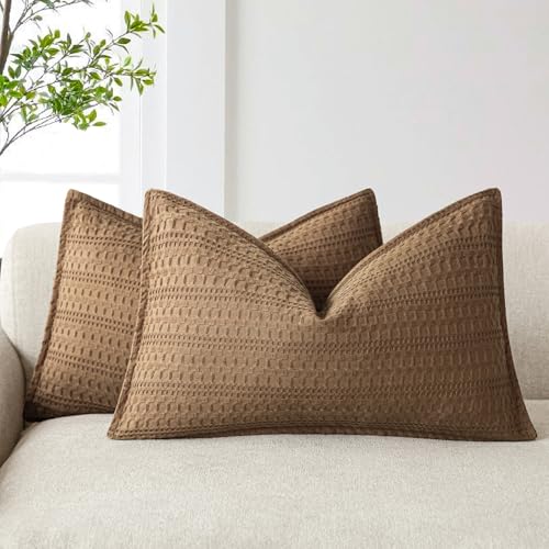 Image of Foindtower Set of 2 Decorative Cotton Waffle Weave Lumbar Throw Pillow Covers Euro Shams Cushion Covers Accent European Pillowcase for Bed Couch Bedroom Living Room Home Decor 12x20 Inch Orange Brown
