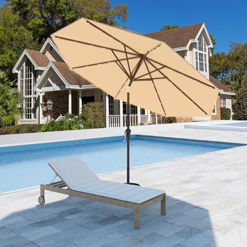 Image of 9FT Patio Umbrella with Solar Lights,Outdoor Market Umbrella with Tilt and Crank, LED Lighted Table Umbrella for Garden,Deck,Backyard,Pool,Beach (Khaki)