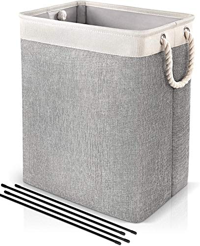 URMI Laundry Basket with Handles, Collapsible Linen Laundry Hamper Clothes Baskets Built-in Lining with Rope Handles Detachable Brackets Laundry Storage Organiser for Bathroom,Toys Clothes, 65L, Grey
