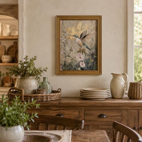 Image of NALEPS Vintage Hummingbird Framed Wall Art, Bird Pictures Wall Decor,12x16 | Vintage Gold Framed Wall Art, Hummingbird Artwork, Hummingbird Picture for Bedroom Living Room Home Decoration