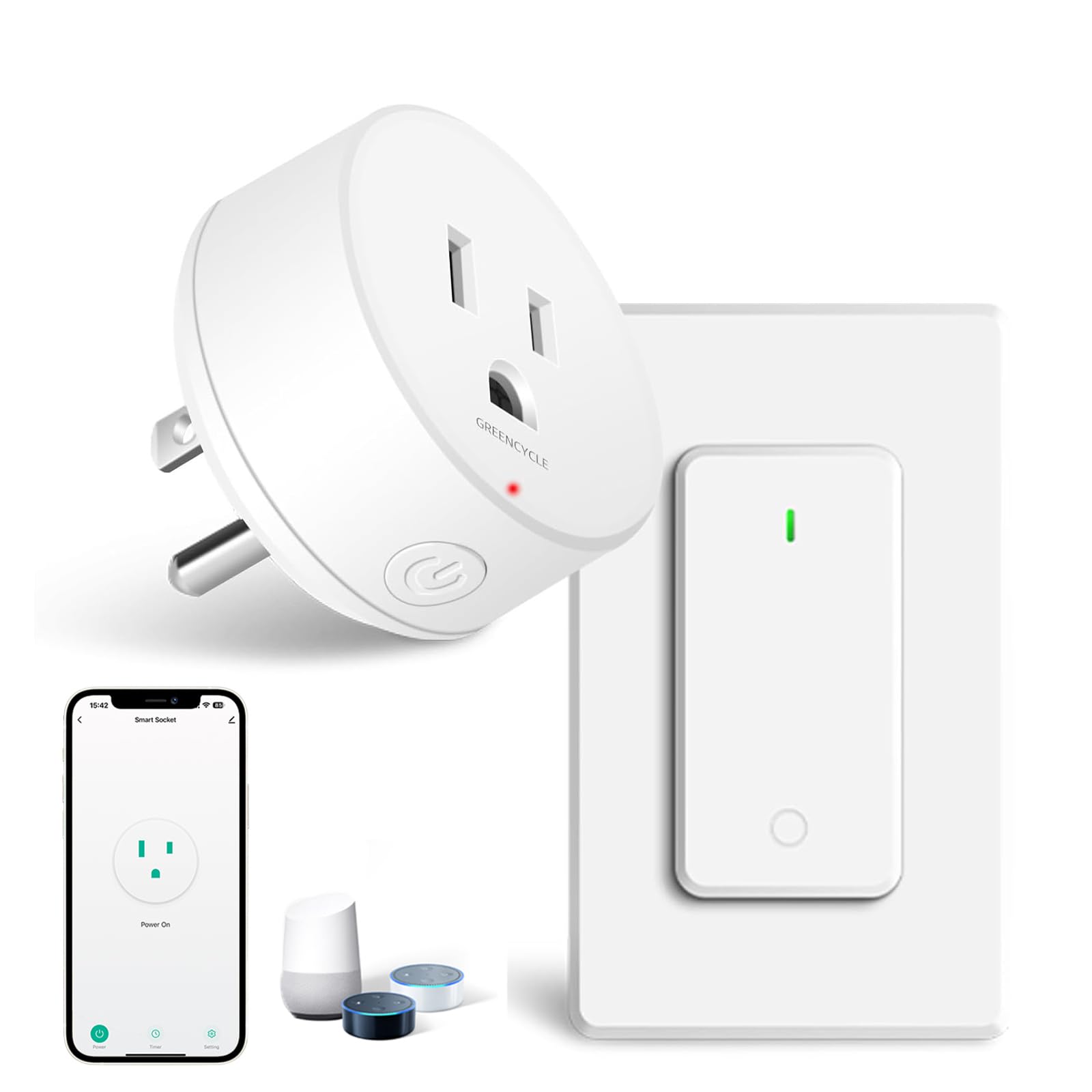 WiFi Smart Outlet Plug with Remote GreenCycle Electric Smart Plug with Wall Switch Compatible with Alexa and Google