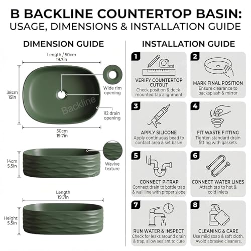 Image of Backline Matte Dark Green Countertop Wash Basin (50 x 31 x 15 cm) | Ceramic Bathroom Sink | Designer Table Top Basin | Scratch & Stain Resistant Easy to Clean | Modern Luxury Basin (3 Year Warranty)