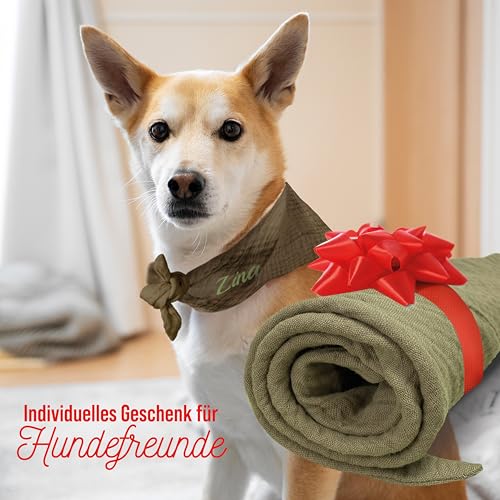 Hundehalstuch mit Namen Bestickt, Oeko-TEX® Standard 100 - Personalisiertes Hunde Halstuch als Geschenk für Hundeliebhaber (Khaki)