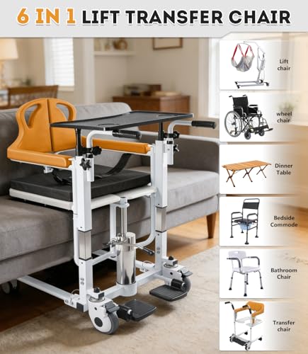 Image of Patient Lift Transfer Chair, 6 in 1 Patient Lift Chair with 180Split Seat for Home, Height Adjustable Portable Lift Nursing Chair with 4 Casters, Commode & Seat Cushion for Seniors Elderly, Orange