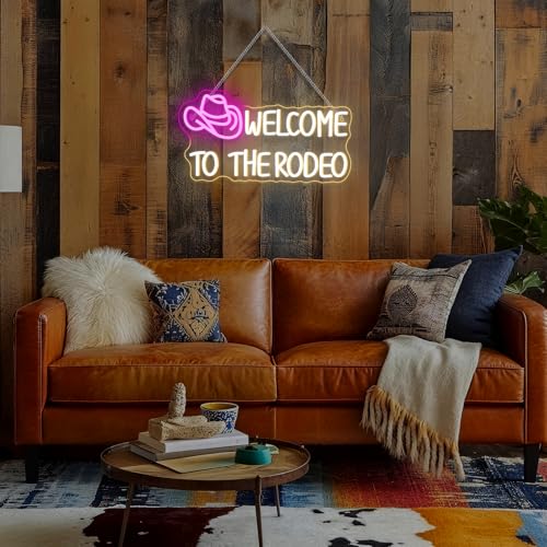 Image of WLHOPE Welcome To The Rodeo Neon Sign Cowboy Hat Led Lights Dimmable Light Signs for Wall Decor 16.5 x 8.6 inches USB Powered Licked Light Signs for Bar Home Club Party Western Bedroom Decoration