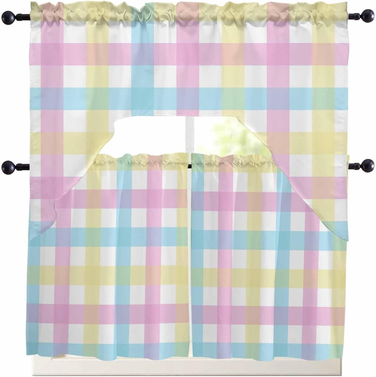 St. Patrick's Day Swag Kitchen Curtain Sets with Valance,3 Pieces Rod Pocket Curtain Drapes for Bedroom Bathroom Cafe Windows,Ireland Shamrock Love Heart Buffalo Plaid 56''x36''&24''x27.5''x2Panels