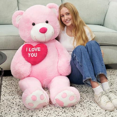 MorisMos 130cm Teddybär groß XXL mit Herz I Love You, Rosa riesen Teddys, großer Bär Kuscheltier XXL, Kinder Mädchen Freundin Frauen Mutter