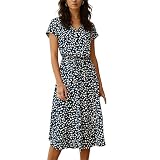 Dajowake Sommerkleid Damen Baumwolle Shirtkleid V Ausschnitt Kurzarm Midikleid Musselin Kleid Leicht Luftig Freizeitkleid Elegant Etuikleid Fließendes Gepunktet Kleider Bequeme Damenkleider