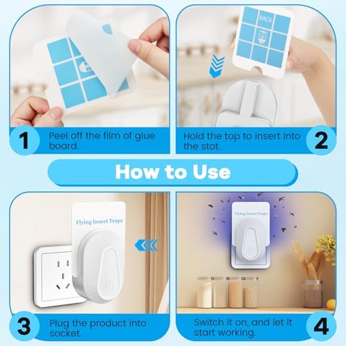 Flying Insect Trap Kit Indoor Fly Trap Fruit Fly and Gnat Trap w/ 2 Traps and 6 Sticky Refills Plug-in Device Bug Catcher for Mosquitoes, Moths, and etc - 4