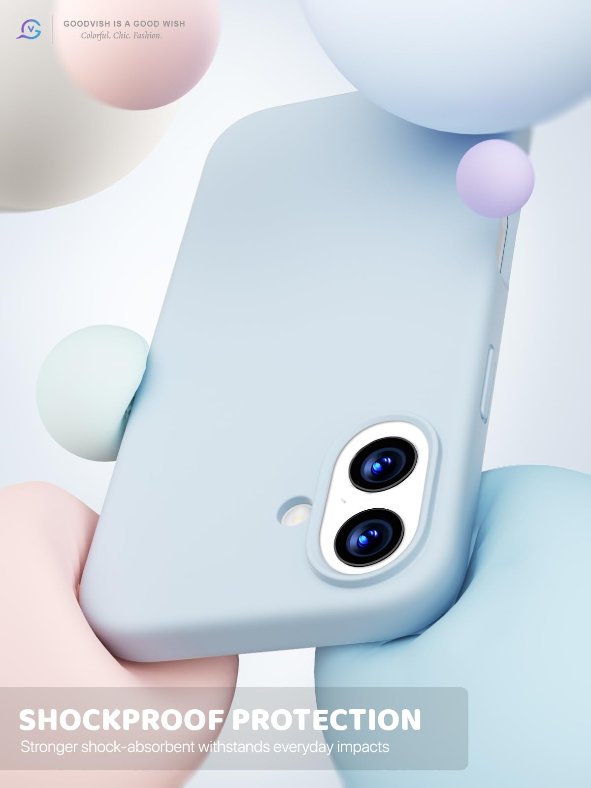 GOODVISH 3 in 1 Silicone Cover per iPhone 17 6.3", Custodia con 2 Pellicola Vetro Temperato [Protezione Fotocamera] 360° Protezione Anticaduta Case per Cellulare Antiurto Resistente, Cielo Blu