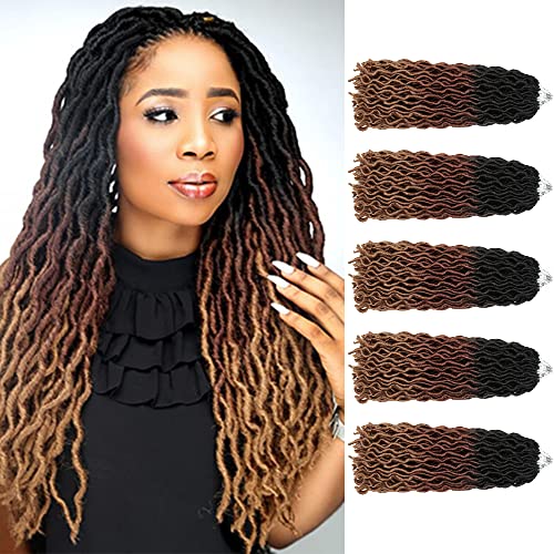 Goddess locs Crochet Hair 120 Strands 5 Packs/Lot Soft Gypsy Locs Wavy Crochet Braids Dreadlocks 3 Tone Curly Wavy Twist Braiding Hair Extensions For Black Women(18inch(pack of 5), 3T30-27)