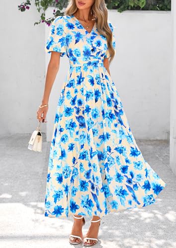Image of PRETTYGARDEN Womes Boho Maxi Dresses 2026 Summer Spring V Neck Puff Sleeve Empire Waist A Line Flowy Long Beach Floral Dress