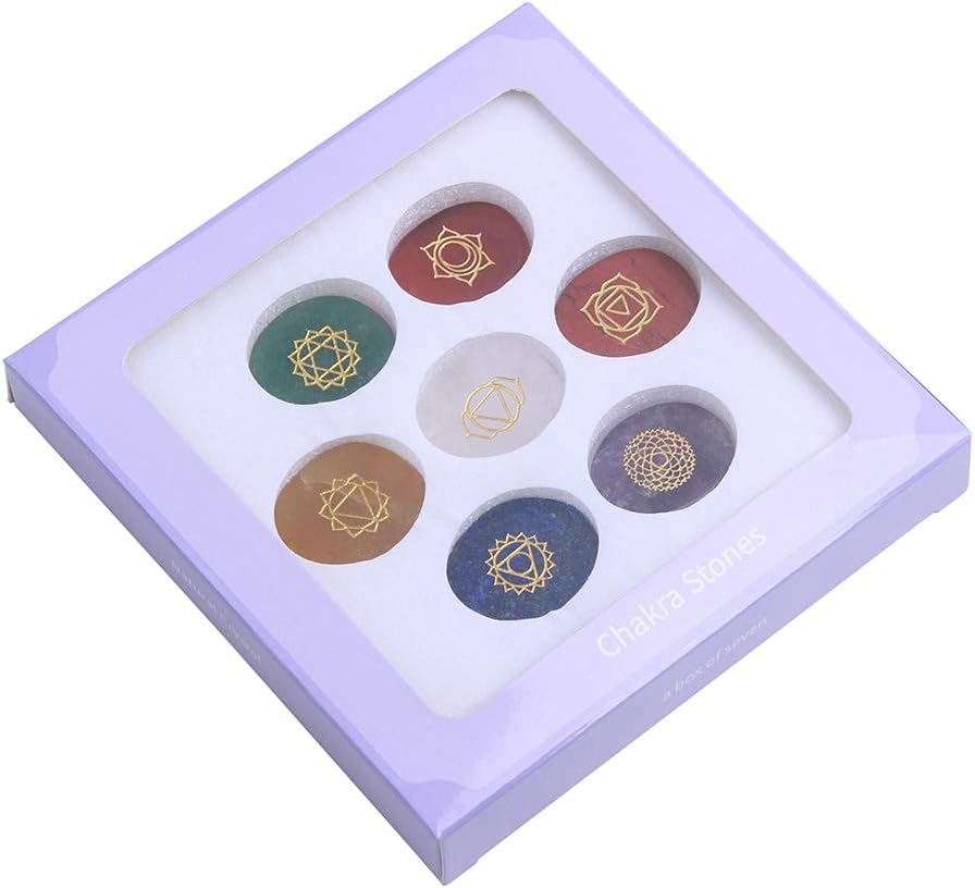 TGS Gems 7 Chakra Stones set - Reiki Healing Crystal With Engraved Chakra Symbols