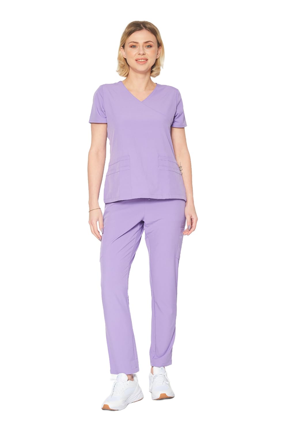 DAGACCIDagacci Medical Uniform Women's 4-Way Stretch Fitted Y Neck Natural Scrub Set, 4-way Stretch - Lavender, L