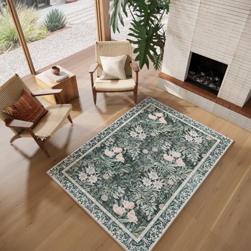 Image of Vintage Floral with Ornate Border Washable 4x6 Area Rug, Soft Low Pile Carpet for Living Room, Dining Room Under Table, Bedroom | Non-Slip, Stain Resistant & Durable