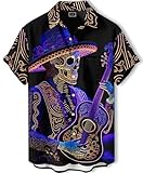Men's Hawaiian Button Down Shirt, Sugar Skull Guitar Print, Short Sleeve, Regular Fit, Black and Blue