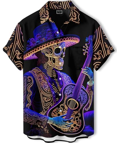 Men's Hawaiian Button Down Shirt, Sugar Skull Guitar Print, Short Sleeve, Regular Fit, Black and Blue