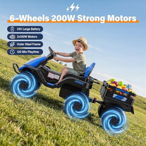 Image of Hikole 24V Ride on Toys Tractor for Kids 3+ w /Trailer, Electric Car, Blue