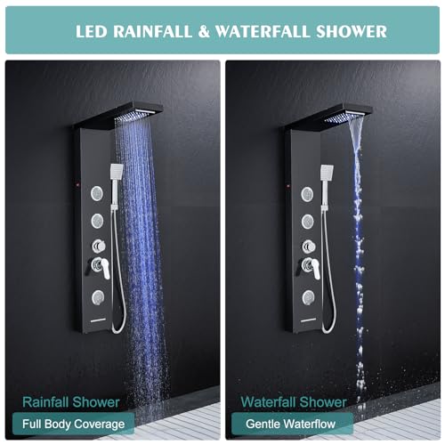 KINKIB LED Shower Panel Tower System, 6-in-1 Shower Tower with Rainfall Waterfall Shower Head, 2 Modes Powerful Body Jets, Handheld Shower and Tub Spout, Stainless Steel Shower Column, Black