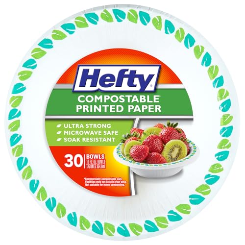 Hefty Compostable Paper Bowls, 12 oz, 30 Count, Patterned Disposable Bowls for BBQs, Parties, Holidays, Potlucks, and Everyday Use, Soak-Resistant, Made with Plant-Based Materials, Microwave Safe - image 1