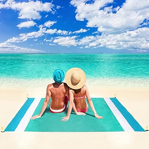 BRGOOD Picnic Blanket Beach Blankets Waterproof, Extra Large 78.7 * 82.7IN Sandproof Outdoor Rug Picnic Mat with Portable Case Bag and 4 Fixed Nails for Camping,Party,Hiking,Beach,Travel (Light blue) Cover