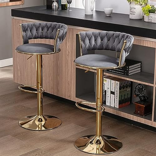 Image of Dream Furnishing - Set of 2 Bar /Kitchen Chairs 360 Degree Rotatable Swivel Elegant Classy & Comfortable Chair with Golden Base and Velvet Fabric (2 Chairs) (Dark Grey)