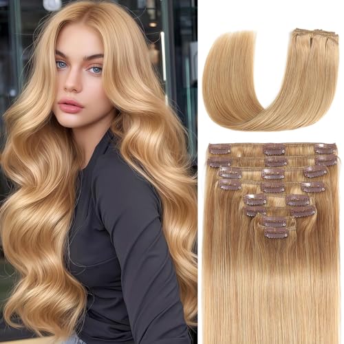 Image of Clip in Hair Extensions Real Human Hair 20 inch 105g /3.7oz Straight Seamless Invisible Human hair Extensions Clip ins for Women Double Weft 8pcs #27-Honey Blonde
