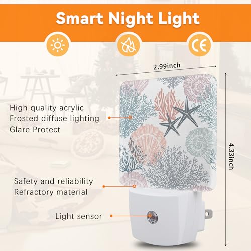 Image of Beach Seashell Coral Starfish Night Light,Plug into Wall with Dusk to Dawn Light Sensors, Nightlights for Bedroom, Bathroom, Hallway, Kitchen, Gifts for Girls Women