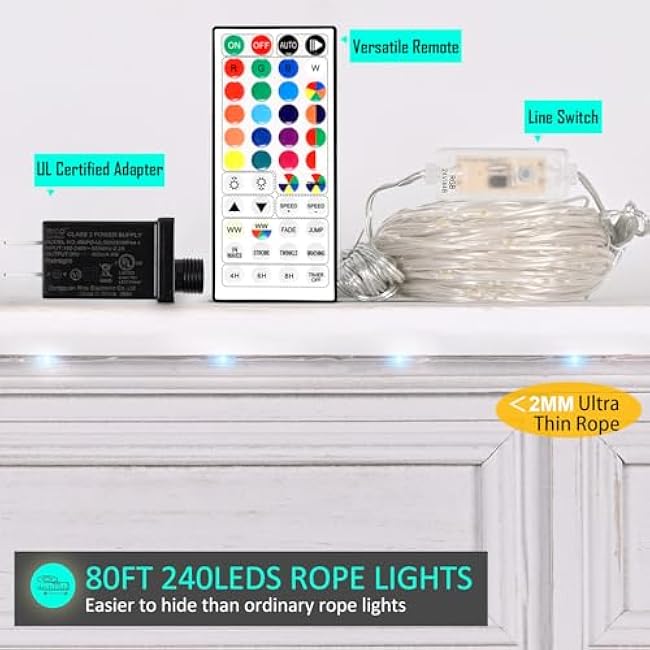 Outdoor String Lights - 80 Ft Rope Lights with 240 Color Changing LEDs, Waterproof & Plug-in for Wedding, Patio, Garden & Christmas Decor
