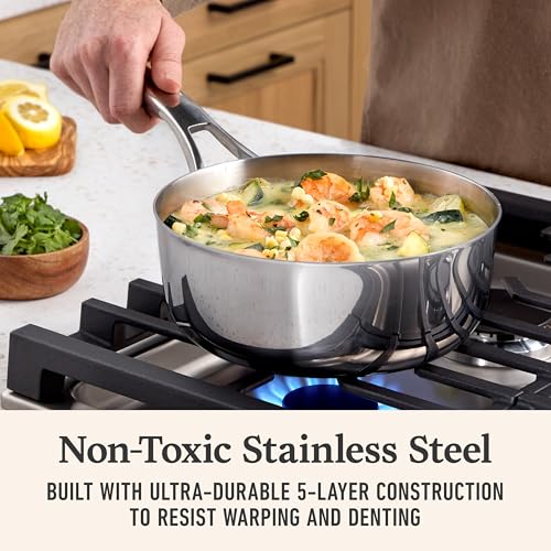 Image of Calphalon Premier Polished 5-Ply Stainless Steel Cookware w /Turbo Heat Tech 2.5Qt Chef's Pan with Lid, Induction, Oven Safe 500F, PFOA Free, Polished Stainless Silver