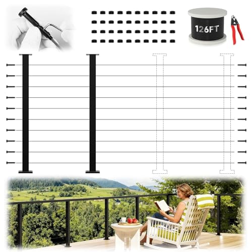 Image of 36 inch 2-12FT Swageless Modular Black Cable Railing System Post Kit with 2 Level Posts, T304 Stainless Steel, Patent Swageless Reusable Cable Railing Kit, Upgraded Powder Coated for Outdoor Decks