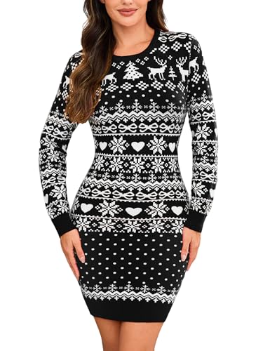 Wayleb Damen Pulloverkleid Weihnachten Rundhals Langarm Figurbetont Warm Feinstrick Kleid Winter, Schwarz S