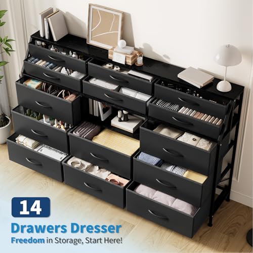 Dresser for Bedroom with 14 Drawers, 55" W Dresser with Side Pocket, Fabric Dressers & Chests of Drawers with Shelves, Sturdy Frame, Wood Top
