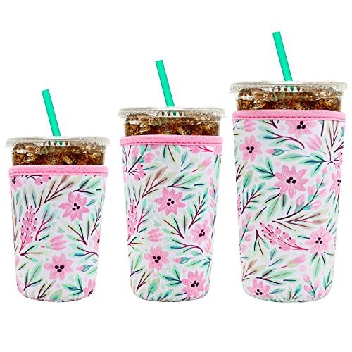 Image of YR Reusable Neoprene Insulator Sleeve for Iced Coffee Cups, 3 Pack Coffee Coolies sleeves for Iced & Hot Drinks, Cold Beverage Cooler Compatible with Starbucks Coffee and More (Pink Flower)