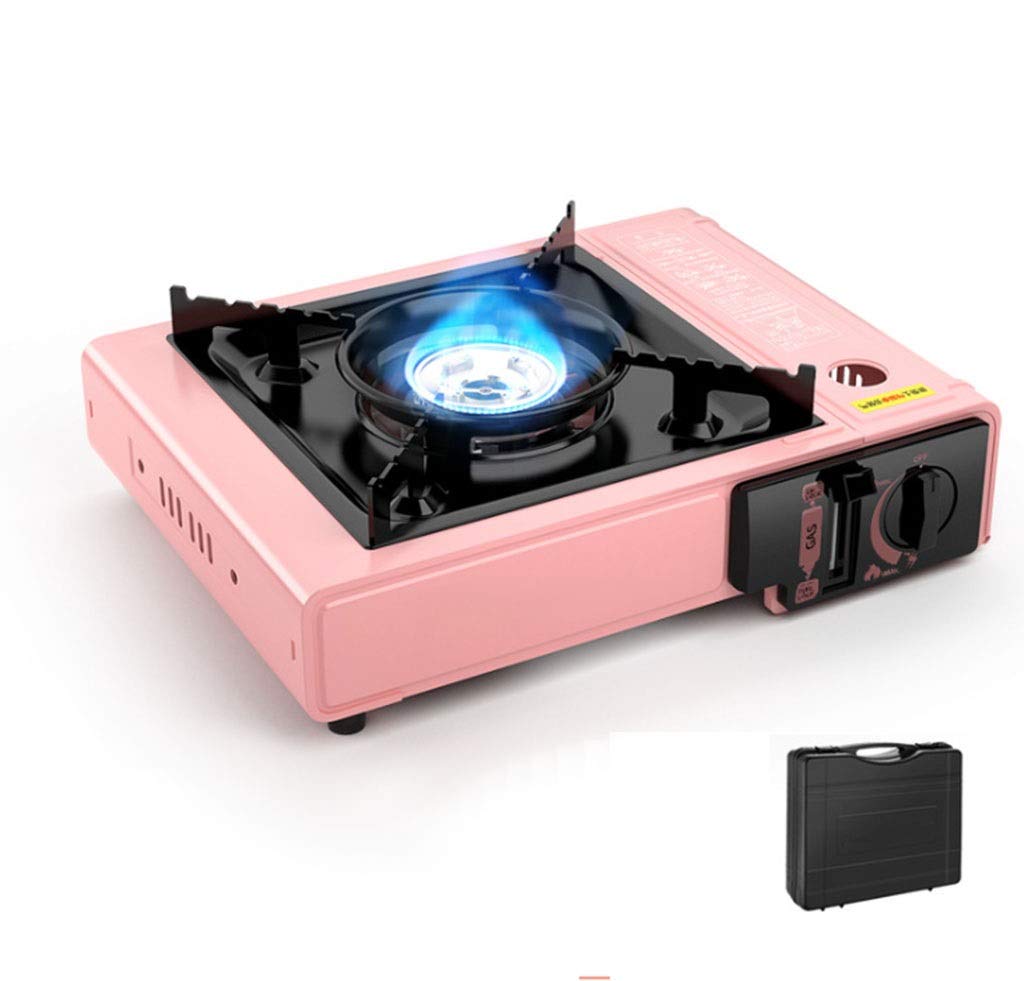 KATUEFUIU Portable camping gas stove, automatic ignition system single stove enamel pot holder butane burner, 2900W outdoor camping barbecue stove, with suitcase (Color : Pink)