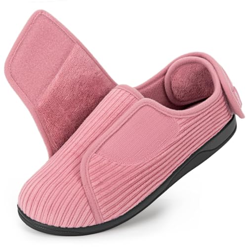 HomeTop Women's Corduroy Slippers Comfy Adjustable Hook and Loop Memory Foam Indoor Closed-back House Shoes Pink, 8 US