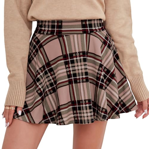 DJT Damen Mädchen Basic Solid Dehnbaren Informell Mini Skater Rock mit Shorts Rosa Kariert Medium