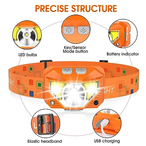 Image of LHKNL Headlamp Flashlight, Lumen Ultra-Light Bright LED Rechargeable Headlight with White Red Light,2-Pack Waterproof Motion Sensor Head Lamp,8 Mode for Outdoor Camping Running Fishing- Orange
