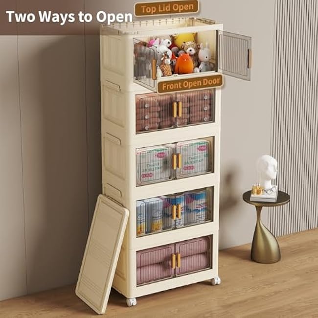 5 Tier Stackable Plastic Storage Bins with Lids 48QT, Collapsible Closet Organizers and Storage with Wheels for Living Room,Office,Dorm