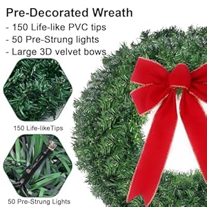 24in Pre Lit Christmas Wreath with Lights & Timer & Remote - 50 LEDs, 8 Lighting Modes -Lighted Christmas Wreath for Front Door with Hanger & Red Bow for Christmas Decorations 24in Pre Lit Christmas Wreath with Lights Timer Remote 50 LEDs 8 Lighting Modes Lighted Christmas Wreath for Front Door with Hanger Red Bow for Christmas Decorations