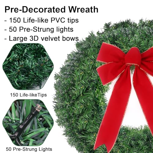 24in-Pre-Lit-Christmas-Wreath-with-Lights-Timer-Remote-50-LEDs-8-Lighting-Modes-Lighted-Christmas-Wreath-for-Front-Door-with-Hanger-Red-Bow-for-Christmas-Decorations 24in Pre Lit Christmas Wreath with Lights Timer Remote 50 LEDs 8 Lighting Modes Lighted Christmas Wreath for Front Door with Hanger Red Bow for Christmas Decorations