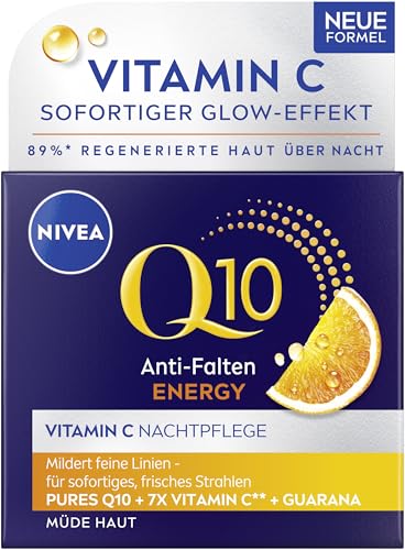 NIVEA Q10 - Crema de noche antiarrugas con vitamina C y vitamina C, hidratante con Q10, vitamina C y extracto de guaraná, cuidado facial reafirmante para piel cansada (50 ml)
