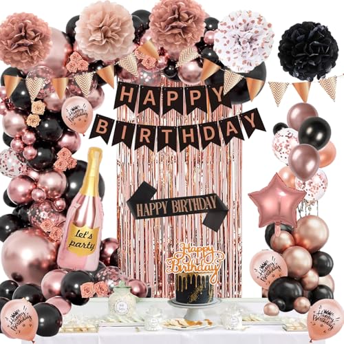 Decoration Anniversaire Rose Or Noir Ballons Décorations Kit avec Banderole Joyeux Anniversaire...