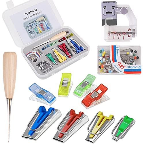 Bias Tape Maker Kit, Genround Bias Tape Maker Kit 6MM 12MM 18MM 25MM Double Fold Sewing Bias Tape Maker Kit with Adjustable Bias Binder Foot, Awl, Ball Pins, Cloth Clip for Sewing, DIY Cloth